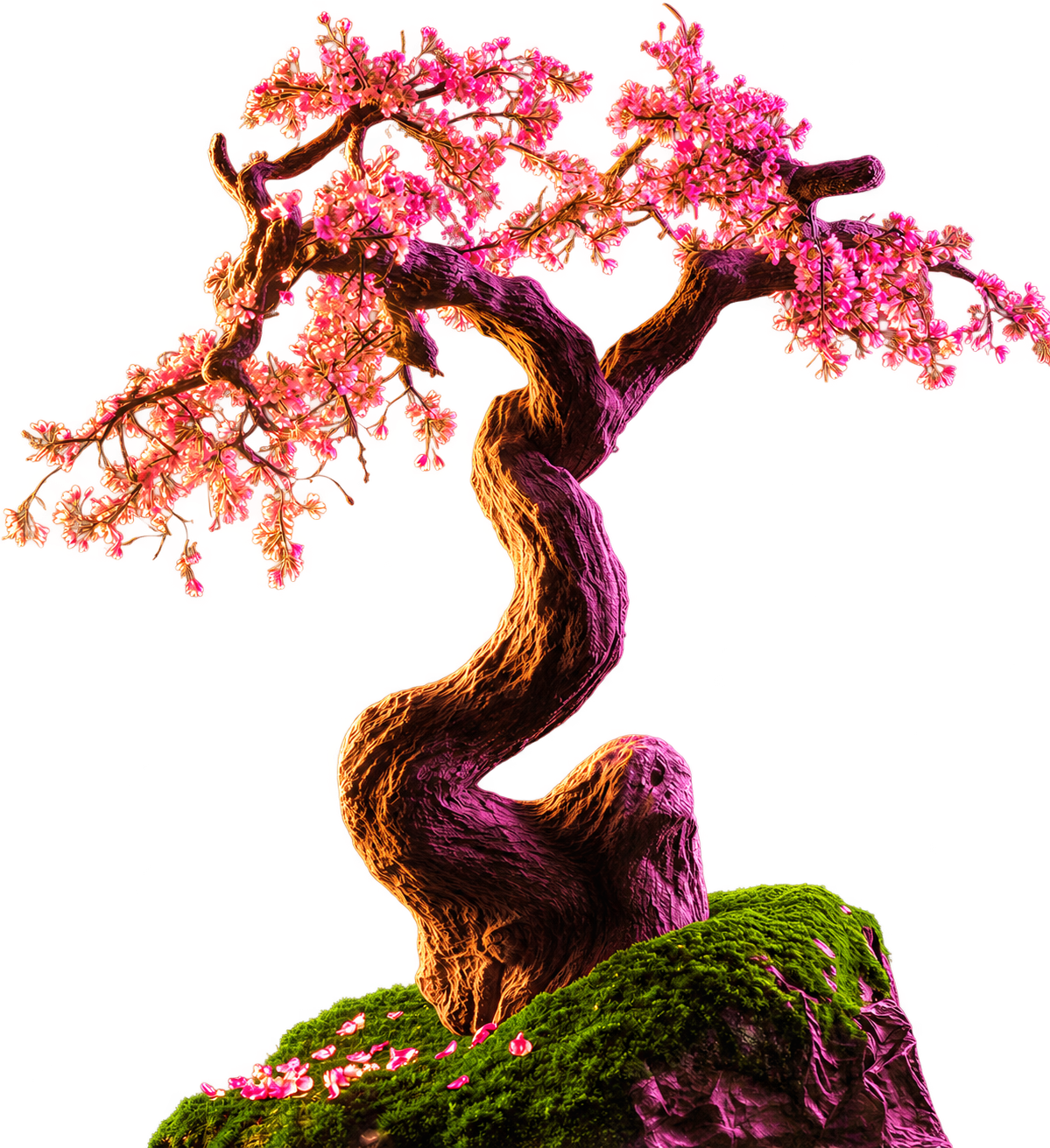 A luminous pink flowering tree rising from a moss-covered rock